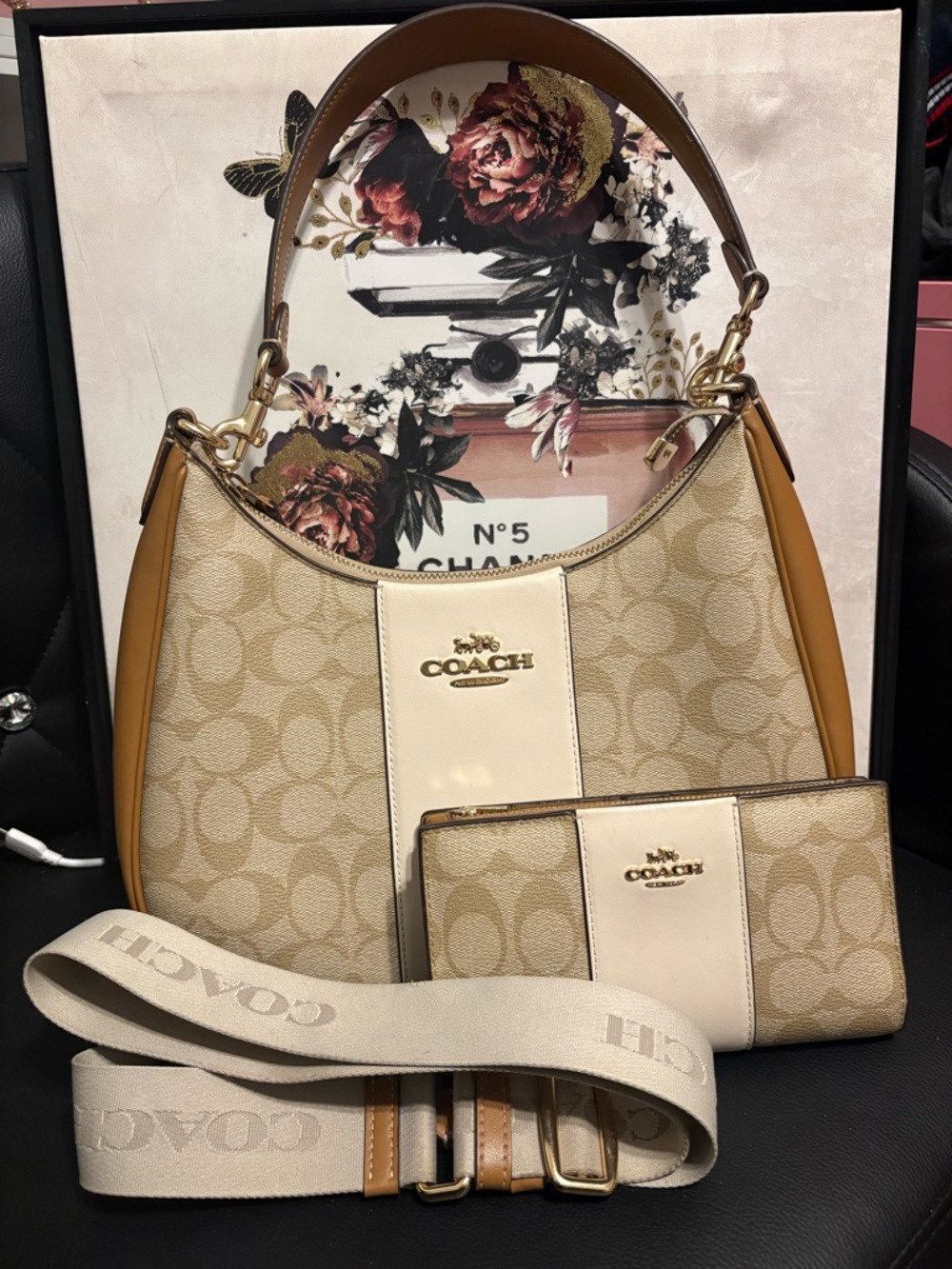 Coach Beige Signature Canvas Hobo with Cream Center Panel and Tan Trim